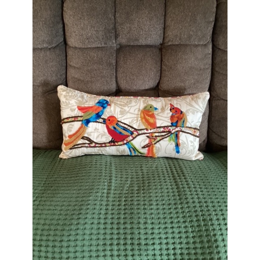 Pier 1 Decorative Accent Pillow Embroidered‎ Birds Branch Fabric
